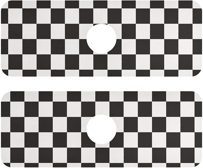 Checkered Black Kitchen Sink Splash Guard Sink Faucet Mat Faucet Handle Drip Catcher Drain Mats for Kitchen Bathroom Countertop Absorbent Dish Drying Pad 2Pack 30x5.4IN