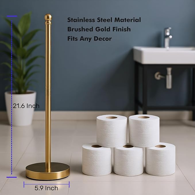 Toilet Paper Holder Stand Holding Up to 5 Paper Rolls, Free-Standing Spare Rolls Storage Holder, Stainless Steel (Brushed Gold)
