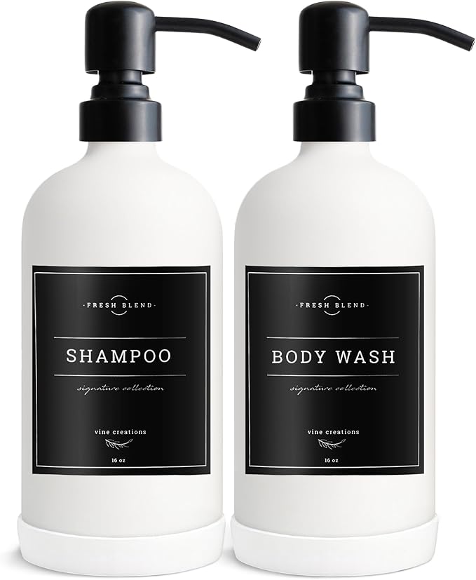 Vine Creations White Glass Soap Dispenser, 2 Pack Kitchen Soap Dispenser Set with Stainless Steel Pump, 16 oz Dish Soap and Hand Soap Dispensers for Bathroom with Waterproof Labels