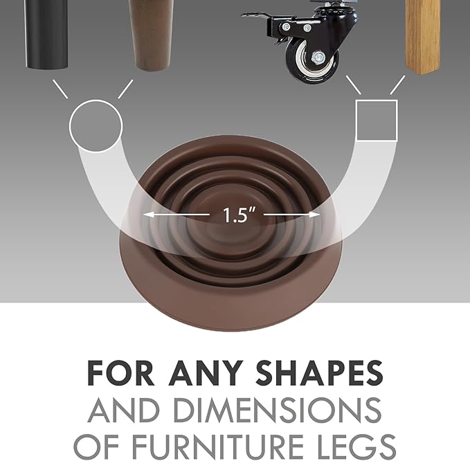 Furniture Coasters, 1.5X1.5 Rubber Caster Cups Non Slip Furniture Pads Non Skid Furnitures Grippers Anti Slide Floor Protector for Bed Couch Table Chair Stoppers (Brown, 12 Pack)