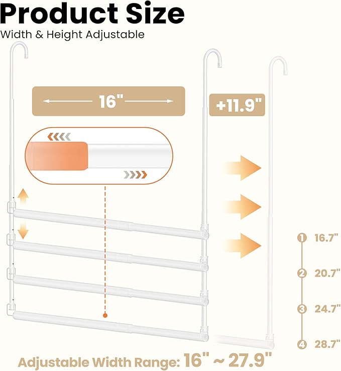Stepless Extender Closet Hanging Rod - Heavy Duty Closet Rods for Hanging Clothes, Adjustable Width & Height, Space-Saving White Closet Organizer for Hanging & Drying Clothes, Easy to Install