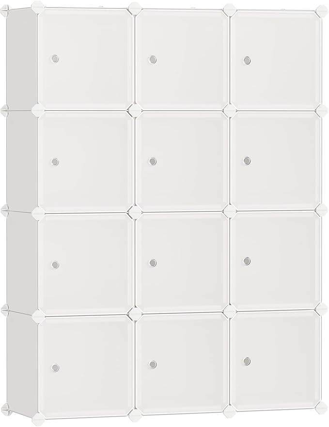 SONGMICS Cube Storage Organizer, Set of 12 Plastic Cubes, Closet Storage Shelves, DIY Plastic Closet Cabinet, Modular Bookcase, Shelving with Doors for Bedroom, Living Room, Cream White ULPC342W02