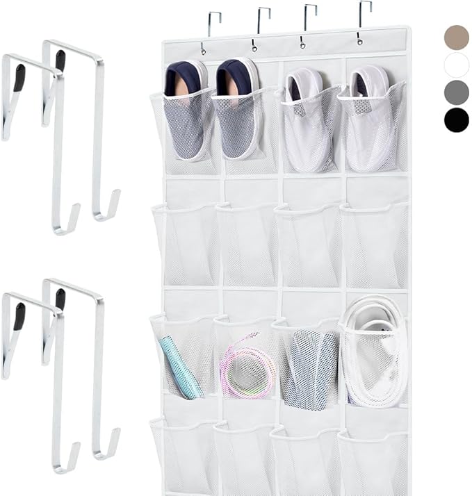 HOME GENIE Over the Door Hanging Shoe Organizer, 24 Breathable Mesh Pockets, Closet Rack Storage Holder, Stay in Place Hooks Hang on Closets, Hanger Holds Up to 40 lbs for Shoes, Accessories, White