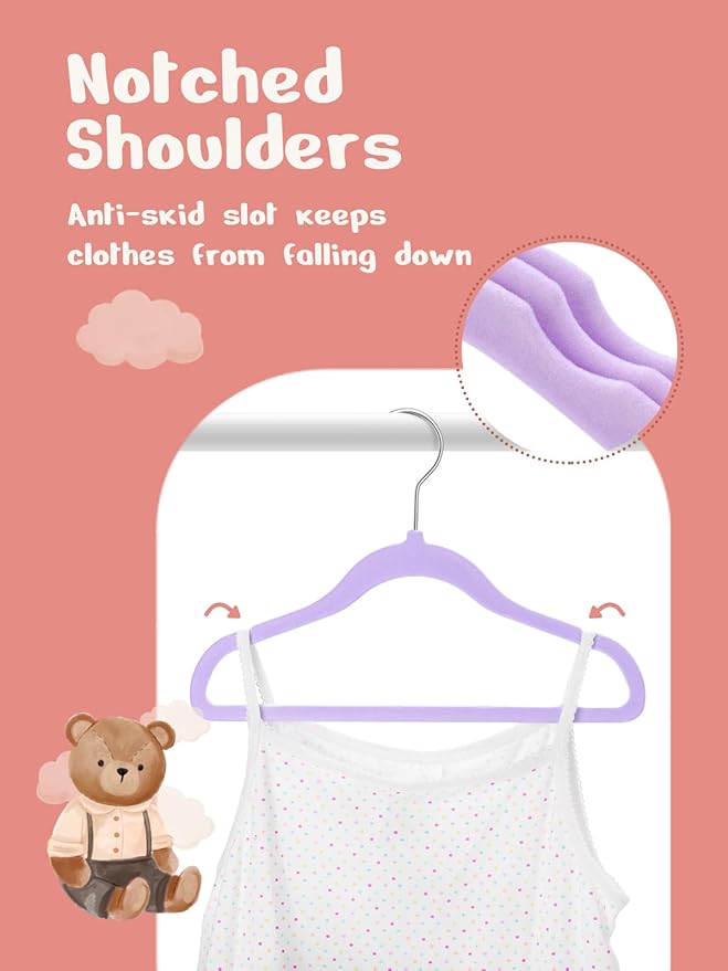 HOUSE DAY 11 Inch Velvet Baby Hangers 50 Pack Lt-Purple, Premium Kids Hangers for Children, Infant & Toddler Clothes, Durable Non Slip Small Baby Felt Hanger for Closet, Ideal for Everyday Use