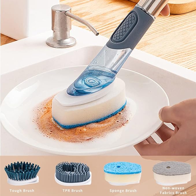 Dish Cleaning Brush, Soap Dispensing Dish Brush Set with 4 Replacement Heads and Storage Holder, Kitchen Scrub Brush for Dish Pot Pan Sink Cleaning (Blue)