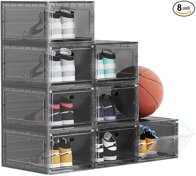 US 15 XXL 8 Pack Shoe Storage Box, Shoe Boxes Clear Plastic Stackable, Shoe Container for Organizing Sneaker and Basketball Shoes (XL BLACK 8 PACK)