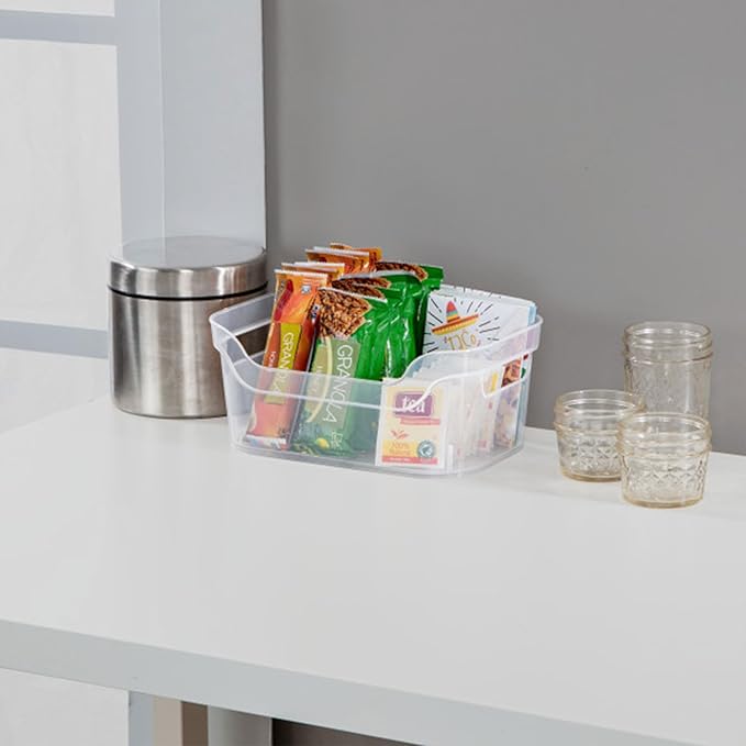 Sterilite 9.5 x 6.5 x 4 Inch Small Open Scoop Front Clear Storage Bin with Comfortable Carry Through Handles for Household Organization (64 Pack)