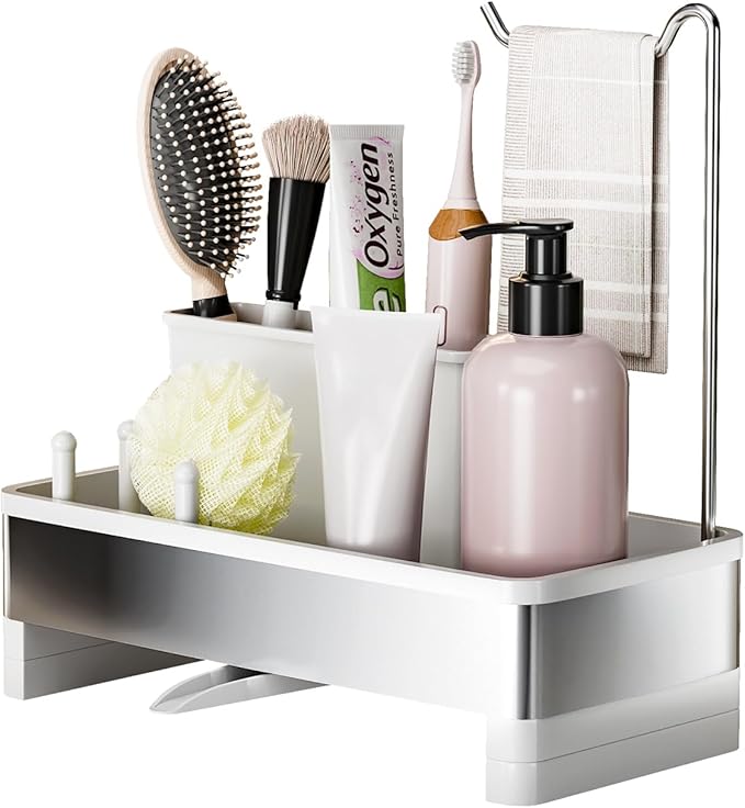 Ewaiira Stainless Steel Sink Caddy, Sponge Holder for Kitchen Sink with Brush Holder & Dishcloth Rack, Rustproof Sink Organizer Countertop, Kitchen Organizers Storage Essentials (E-White)