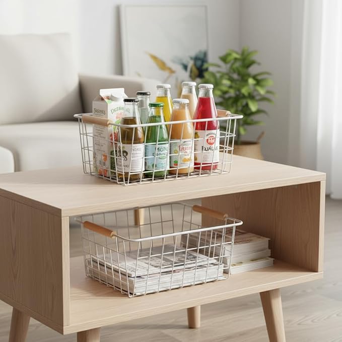 Metal Wire Food Storage Basket Organizer with Wooden Handles for Organizing Kitchen Cabinets 6 Pack (White, Medium)
