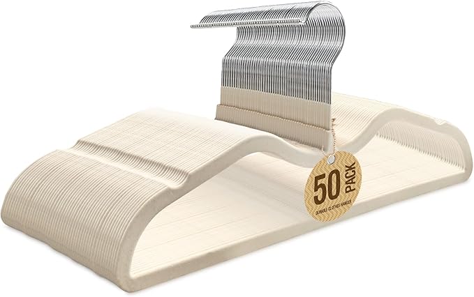 Jiang&Rong 50 Pack Velvet Short Neck Hangers, Non-Slip Felt Hangers, with 360° Swivel Hook, Space Saving Design for Sweaters, Coats, Shirts (Beige)