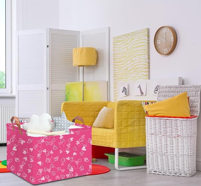 Rectangular Pink Heart Storage Basket,Gift Basket Empty,Heart Print Storage Basket with Handles,Books Box,Room Decor(Pink Hearts)