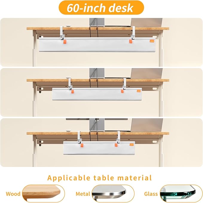 No Drill Under Desk Cable Management Tray, 28" Cord Organizer with Clamp, Fabric Cable Management for Standing Desks, Ideal for Home & Office - White