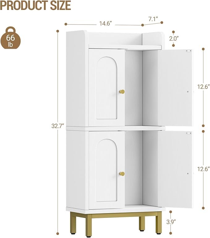 Bathroom Cabinet, Small Storage Cabinet with 4 Doors, Bathroom Organizers and Storage Cabinets with Adjustable Feet. Cabinets Freestanding for Living Room, Kitchen, 7.1"D x 14.6"W x 32.7"H