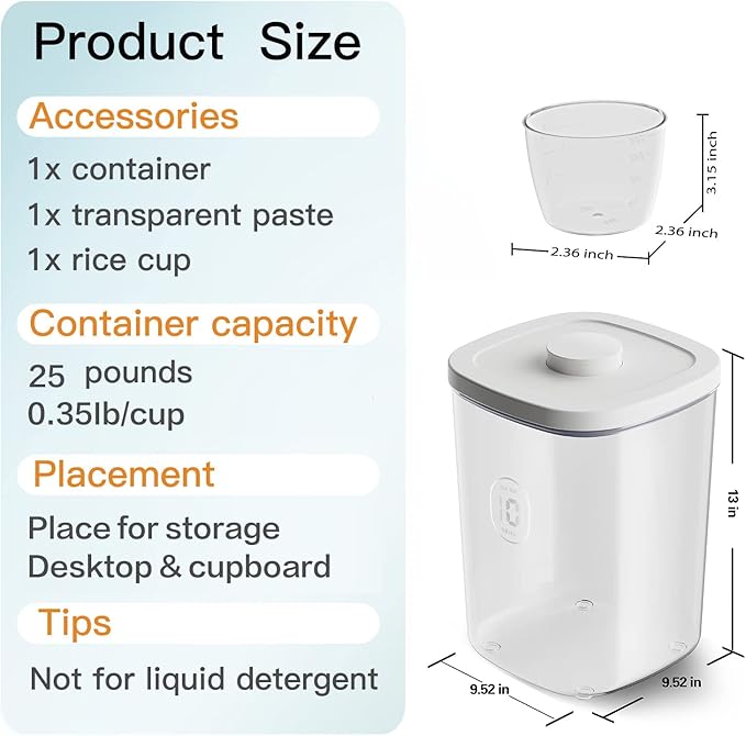 LivLab 20-25 lbs Rice Dispenser,10.5 Qt/10 L/22-25 lbs Rice Container Storage with Measuring Cup & Brush Food Cereal Container Bins Household for Kitchen Pantry Organization (AY-10KG-WHITE)