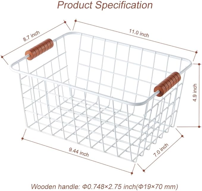Wire Kitchen Storage Basket 2 Packs,Perfect Pantry Organization Accessories Baskets,Laundry Basket,With a Wooden Handle,Suitable for Kitchen,Bathroom,Bedroom,Tabletop,Stackable,White