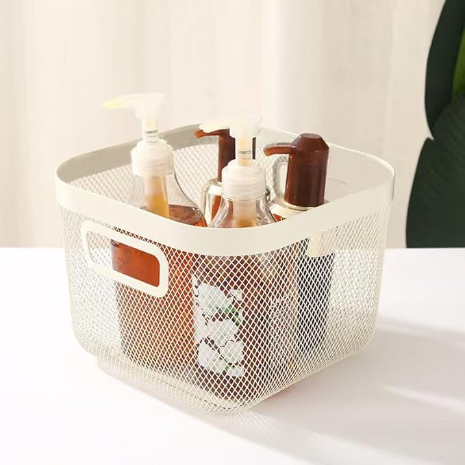 Metal Mesh Steel Baskets, Household Wire Storage Organizer Bin Garden Harvest Basket Multi-functional Fruit Baskets with Handles for Kitchen Bathroom Picnic Shopping Decor Cabinet Home, Beige
