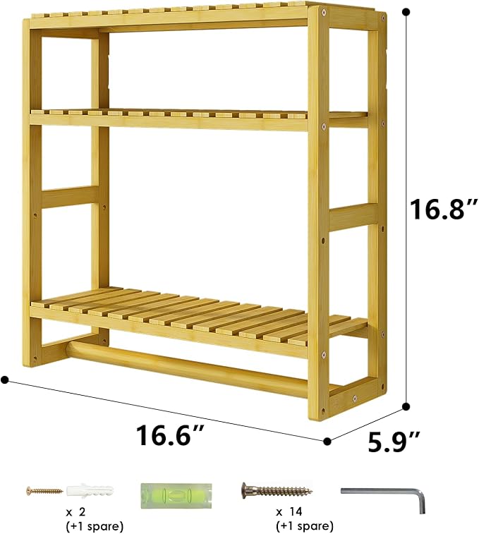 Over The Toilet Storage Bathroom Shelves Wall Mounted 3 Tier Space Saver Corner Shelf Organizer Bamboo Towel Rack Toilet Paper Cabinet with Hanging Rod Yellow