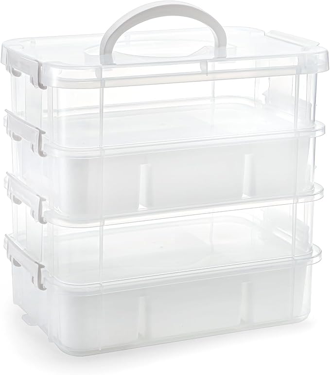 Foraineam 4-Tier Clear Storage Bins With 2 Divided Trays, Stackable Carry Storage Box Container, Plastic Lidded Organizer Case With Handle for Beads, Tools, Arts & Crafts, Sewing, Office Supplies