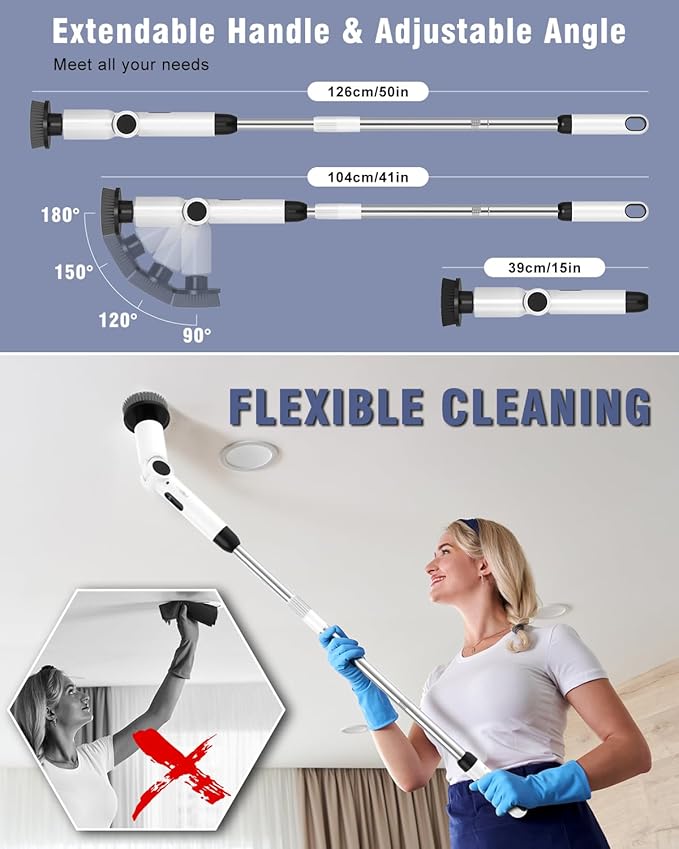 Homtronics Electric Spin Scrubber, [IPX8 Waterproof ] [50KG Torque] Shower Scrubber with 9 Brush Heads, 2 Speed Mode, 4 Adjustable Angles, Electric Brush for Cleaning for Bathroom Floor Tile