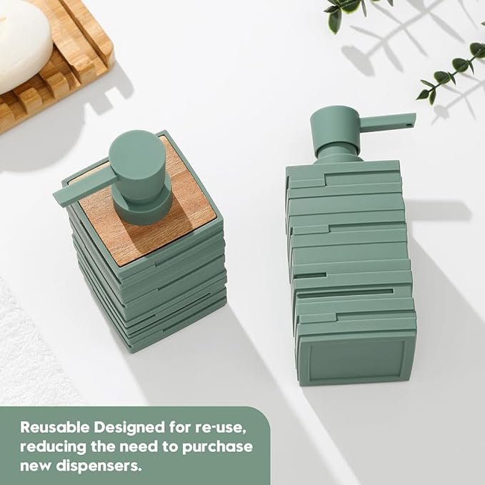 Matte Green Teak Wood Hand Soap Dispenser 10 oz Square for Bathroom and Kitchen Countertops