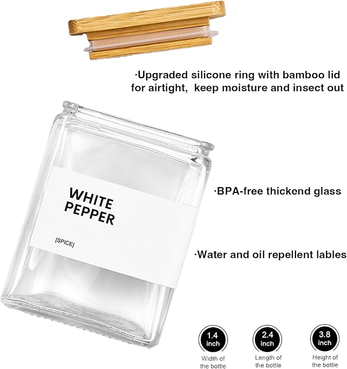 Glass Spice Jars with Bamboo Lid, 4oz Square Spice Containers for Pantry Organization, Seasoning Bottles with Labels, Spoons, Funnel for Salt Sugar