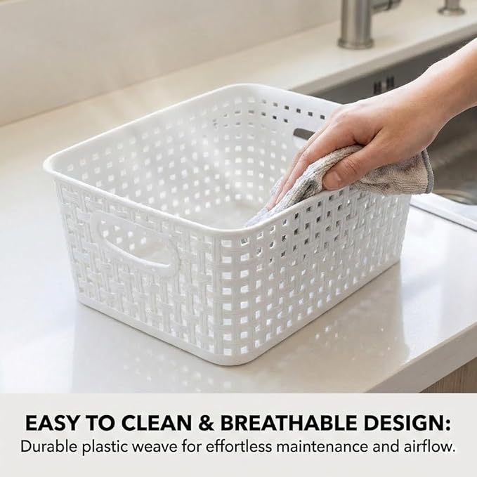 8 Pack White Storage Baskets, Plastic Woven Organizer Baskets, Stackable Shelf Baskets for Closet, Pantry & Bathroom