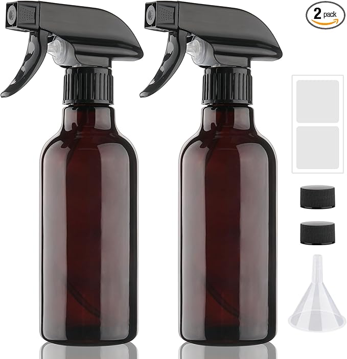 Glass Spray Bottles 12oz Empty Spray Bottle Mist/Stream Spraying Small Refillable Containers for Hair Care, Cleaning Solutions, Plants, Essential Oils 2 Pack (Brown, 12oz)