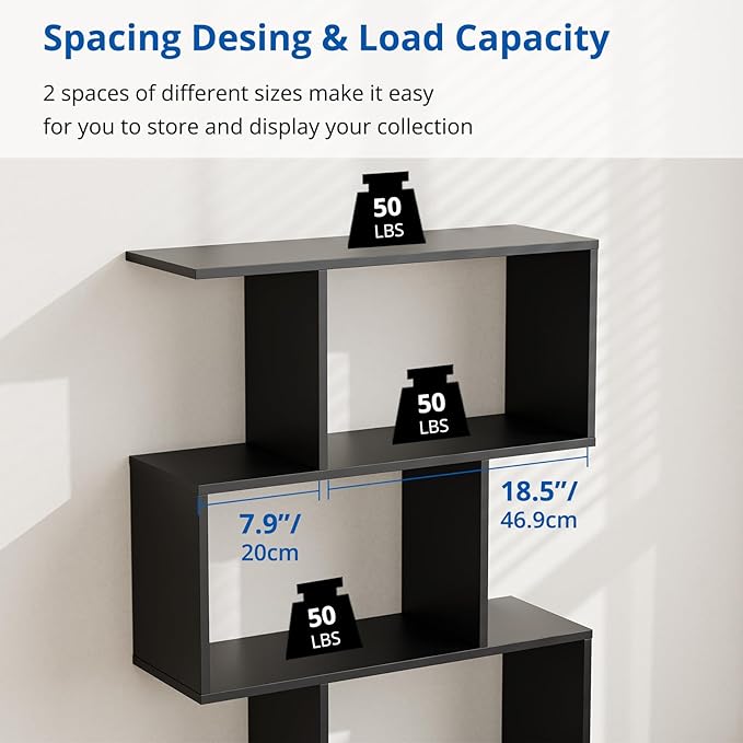 Cozy Castle Set of 2 Geometric Bookcase, S-Shaped Modern Bookshelf, Room Divider Bookshelf, 62" Tall Unique Abstract Bookcase with 5-Tier Display Shelf for Living Room Office, Black