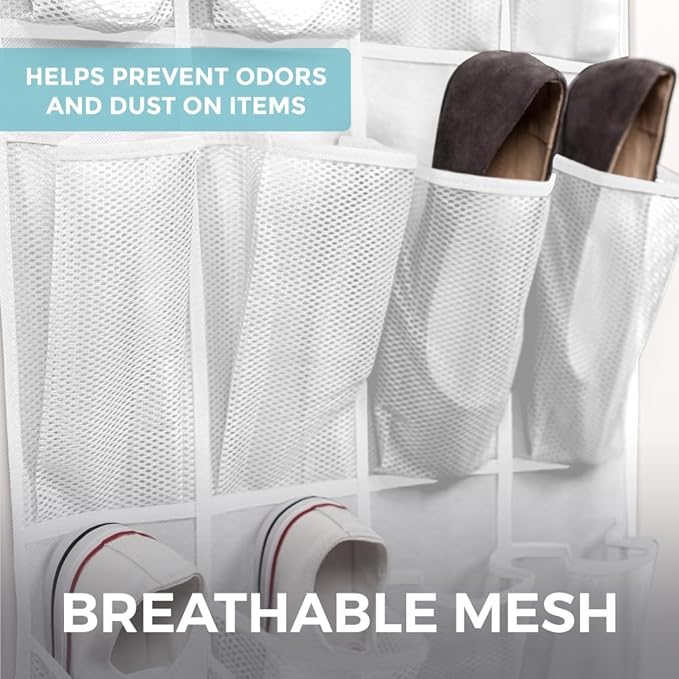 HOME GENIE Over the Door Hanging Shoe Organizer, 24 Breathable Mesh Pockets, Closet Rack Storage Holder, Stay in Place Hooks Hang on Closets, Hanger Holds Up to 40 lbs for Shoes, Accessories, White