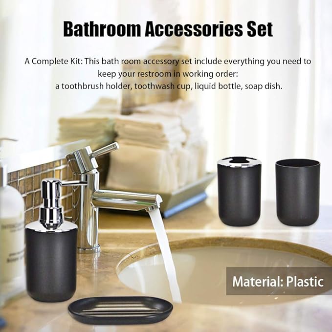 4pcs Bathroom Accessories Set, Toothbrush Holder Tooth Mug Soap Dish Liquid Bottle Bathroom Set Shower Countertop Vanity Organizer(Black)