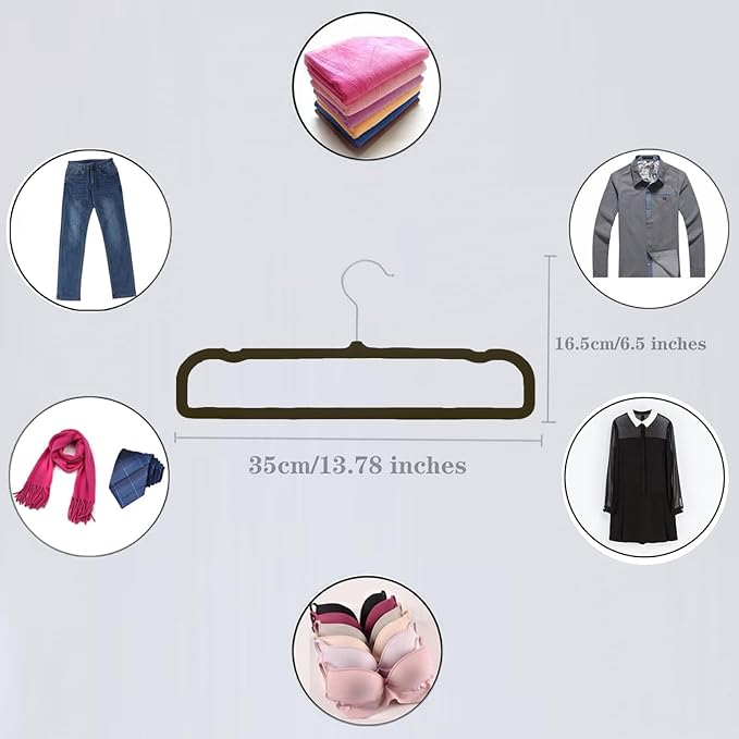 Velvet Pant Hangers, 20pcs Heavy Duty Flocked Trouser Hangers with Non-Slip Bar, 35cm(L) Adult Clothes Hanger with Swivel Hook, Slim Felt Jean Hangers (Black-Silver) Short Neck Huggable Hangar