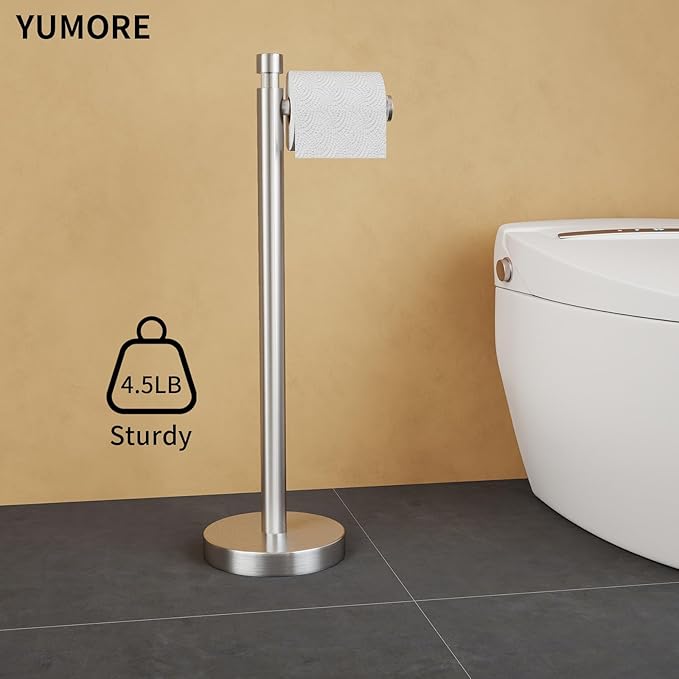 YUMORE Toilet Paper Holder Stand Freestanding, Weighted and Sturdy Brushed Nickel Stainless Steel Design with Non-Slip Cap, Rustproof Tissue Roll Holder for Modern Bathroom, RV