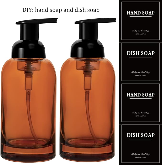 rejomiik 2 Pack Foaming Soap Dispenser Thick Glass Foam Hand Soap Dispenser for Bathroom or Kitchen Sink, 13 oz Pump Bottles for Hand soap, Body Wash, Clear Amber