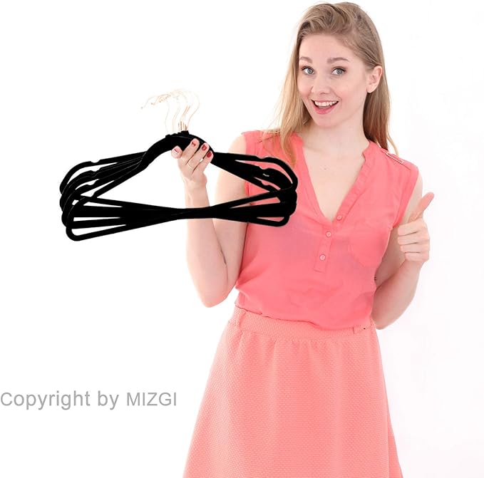 MIZGI Premium Velvet Hangers (30 Pack) Heavy Duty- Non Slip - Velvet Suit Hangers Black - Copper/Rose Gold Hooks,Space Saving Clothes Hangers (Black)