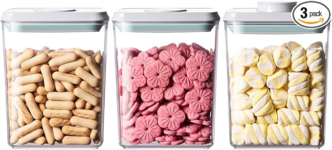 EQI Airtight Food Storage Containers,1.3Qt 3Pcs Pop Food Containers with Lids, Stackable One Button Opening Kitchen Pantry Organizers and Storage, BPA-Free Food Containers Set for Snacks Candy Spices
