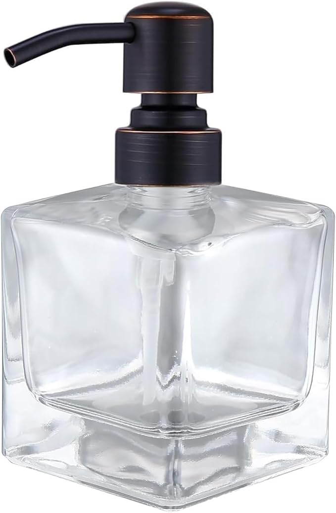 Square Bathroom Soap Dispenser Oil Rubbed Bronze, Glass Bottles with Stainless Steel Pump Retangle Cube Liquid Soap Dispenser Hand Kitchen with Waterproof Lables