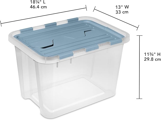 Sterilite 12 Pack Hinged Lid Storage Box, 30 Qt Plastic Container, Washed Blue - Home Organizer Tote for Storing Shoes, Crafts, Clothing, or Decor