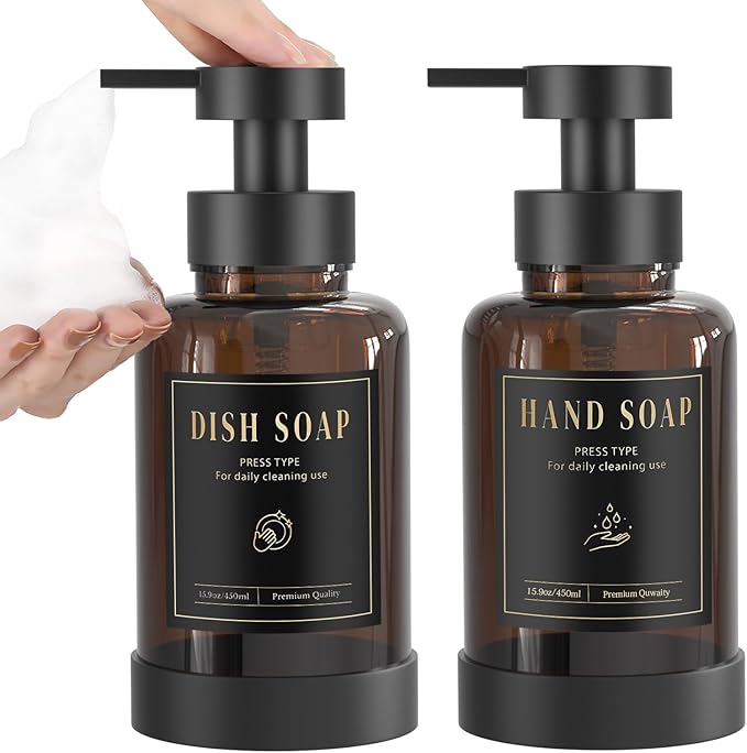 Luxspire Foaming Soap Dispenser, Glass Foam Pump Soap Dispenser, Non-Slip Hand Soap Bottle with 5 Waterproof Labels, 15 Oz Refillable Liquid Soap Bottle for Bathroom & Kitchen, Amber, 2 Pack