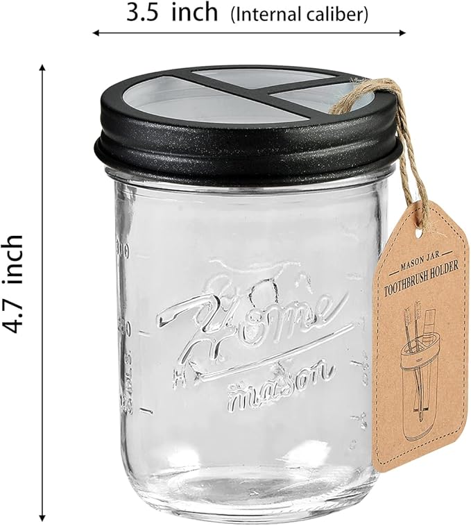 SheeChung Mason Jar Toothbrush Holders, Bathroom Accessories, Bathroom Essentials, Bathroom Organizers and Storage, Bathroom Countertop Organizer, Glass Toothbrush Holders for Bathroom-Black