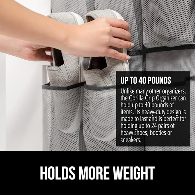 GORILLA GRIP Over the Door Shoe Organizer, 35 Large Breathable Mesh Pockets, Space Saving Hanging Storage Holder, 5 Hook Closet Rack Hanger, Hangs on Closets for Shoes, Accessories 68.5H x 24.5W Gray