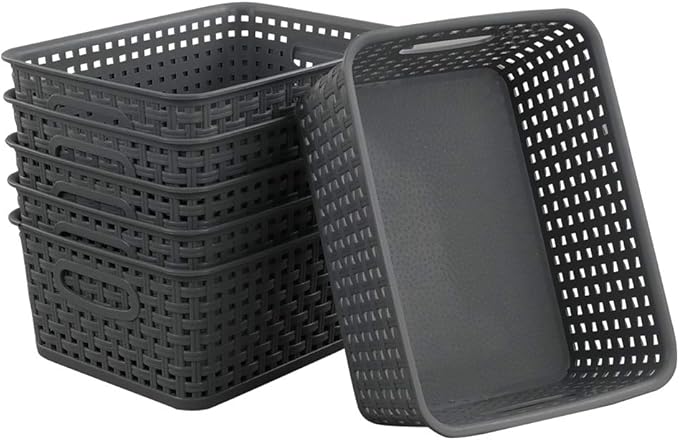 Teyyvn Plastic Storage Basket, 10.03" x 7.59" x 4.09", Pack of 6, Gray