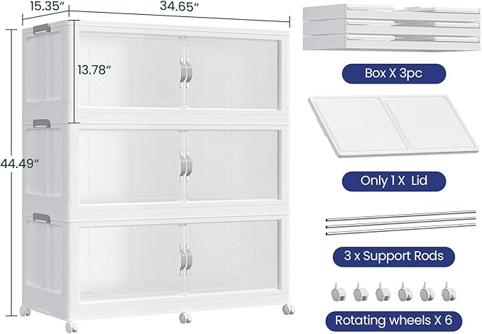 720QT Extra Large Stackable Storage Bins with Lid, 180Gal Plastic Closet Organizers and Storage Drawer, Collapsible Cabinet Box with Wheels Clear Doors for Home Kitchen Office, 3Pack White