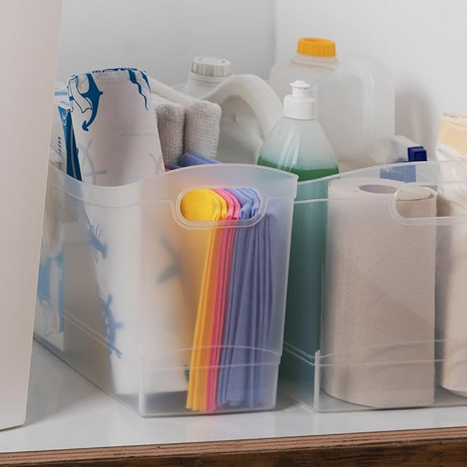 Modern Narrow Organizer Storage Bin, Clear Plastic Household Storage Container for Kitchen Pantry storage, Under Sink Bin, Bathroom/Laundry Room - Made In USA - 2 Pack (Narrow - 13” X 9” X 6”)