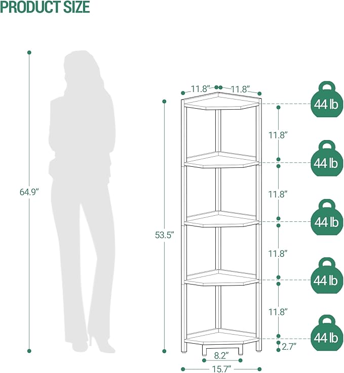 Corner Shelf Stand, Corner Bookshelf, Storage Standing Shelf Unit with Metal Frame, Plant Stand, Bookcase for Living Room, Home Office, Bedroom, 5-Tier Greige CS05905B