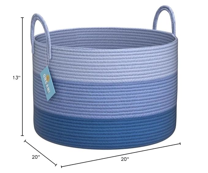 OrganiHaus Large Woven Storage Basket for Blankets and Toys 20" x 13" Inch, Rope Laundry Basket with Handles, Cushions & Pillows Storage Bin, Nursery Hamper, Soft Round Dog Toy Bin - Blue