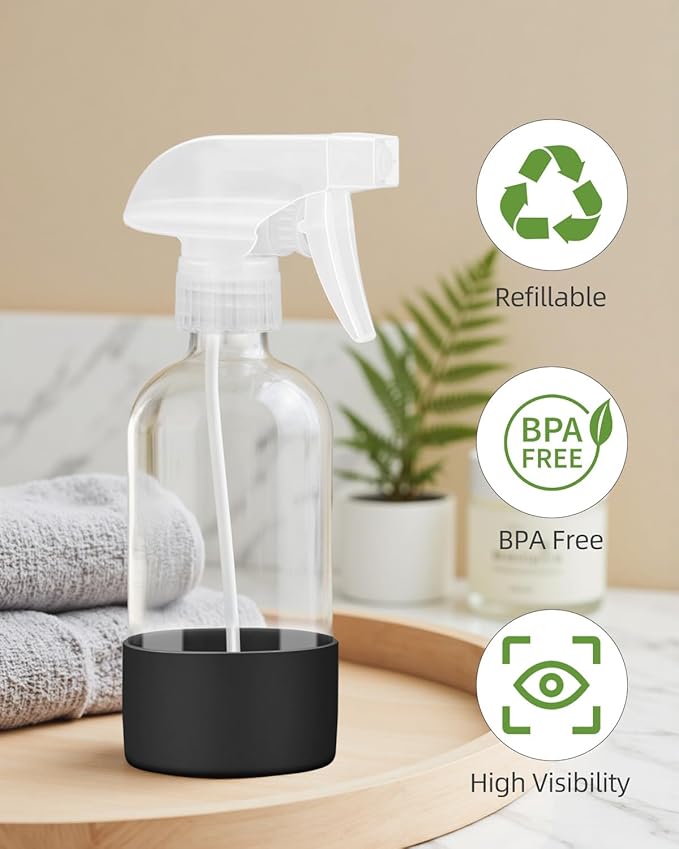 4 Pack Glass Spray Bottles 8 oz, Empty Refillable Containers with Silicone Sleeve Protection, Glass Spray Bottles for Cleaning Solutions, Hair and Plants with Adjustable Nozzles Black&White