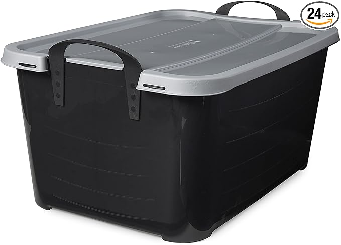 Life Story 24 Pack Heavy Duty Stackable Storage Bin, 55 Quart Home Organizer, Versatile Lightweight Locking Bins with Carrying Handles, Black/Gray