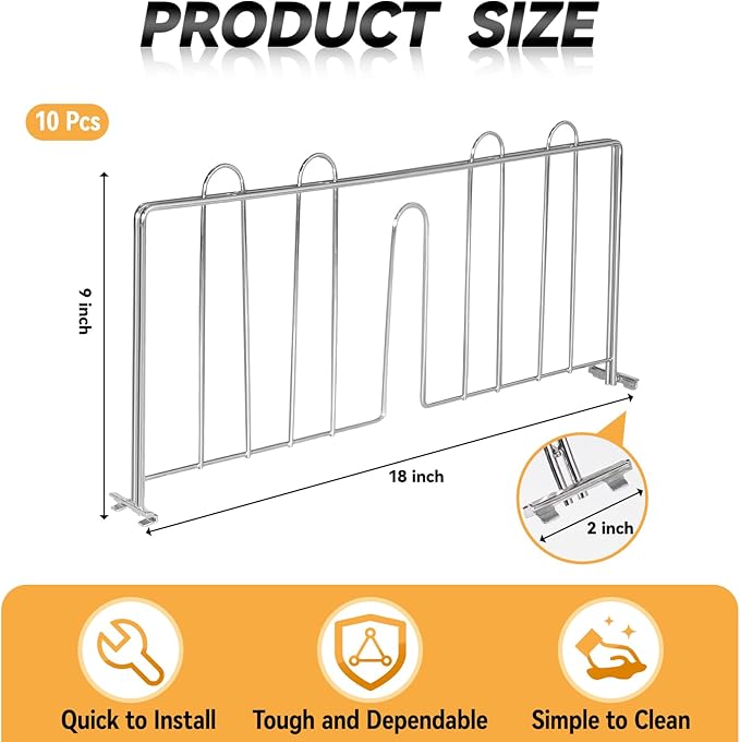 10 Pcs 18" W x 9" H Shelf Dividers for Wire Shelves, Vertical Wire Shelf Dividers for Storage Item Separation and Organization, Rack Shelving Accessories Bulk