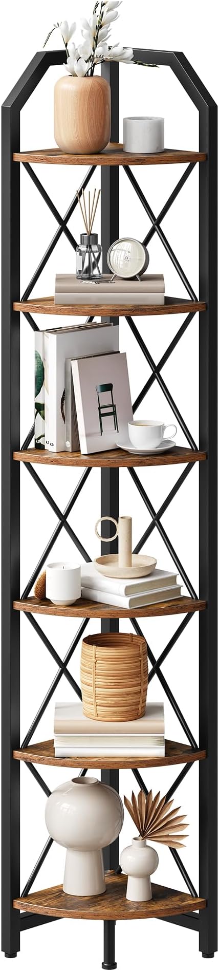 6-Tier Corner Shelf, Industrial Corner Bookshelf, 71.2" Corner Storage Stand, Plant Stand Display Shelf, Corner Bookcase for Bedroom, Living Room, Home Office, Rustic Brown and Black TCJ11BF