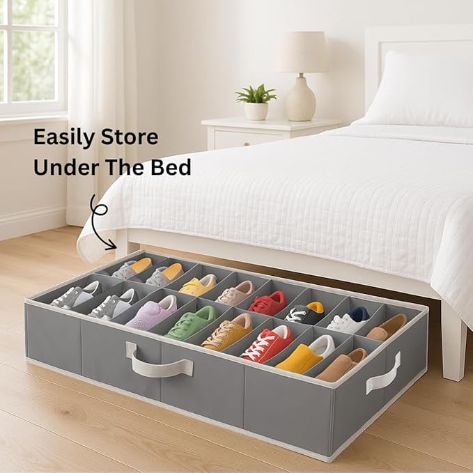 HOLDN' STORAGE Under Bed Shoe Organizer - Set of 2, Tear-Resistant 600D Material, Grey, Transparent Cover, Holds Up to 32 Pairs of Shoes